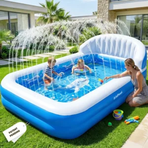Inflatable Rectangle Pool with Sprinkler, Backrest