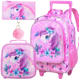Girls 3PC Unicorn Rolling Backpack with Lunch Bag